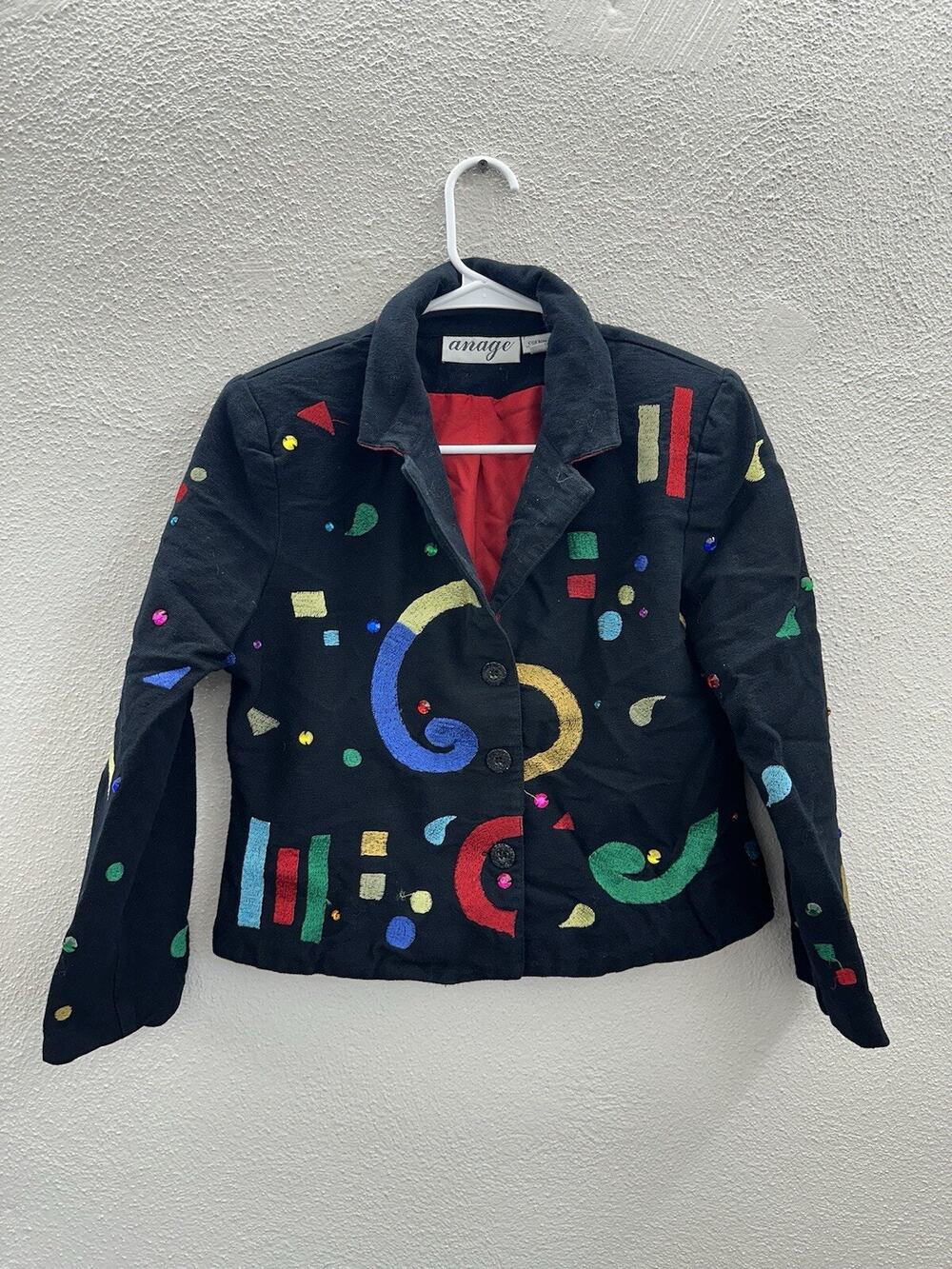 Anage Womens Blazer Size XS Black Embroidered Abstract Curls Jacket Vintage